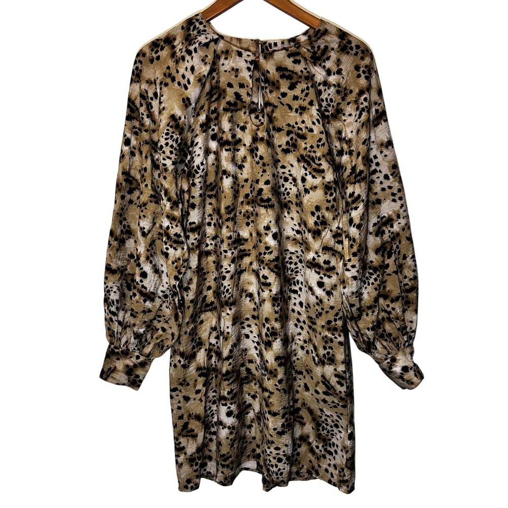 Banana Republic Animal Print Dress Long Balloon Sleeves Keyhole Neckline Size M
