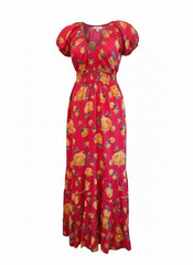 Betsey Johnson Rose Floral Cotton Smocked Tiered Maxi Dress Size L