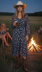 Free People Yellowstone Prairie Western Floral Print Midi Dress Slip Chiffon M
