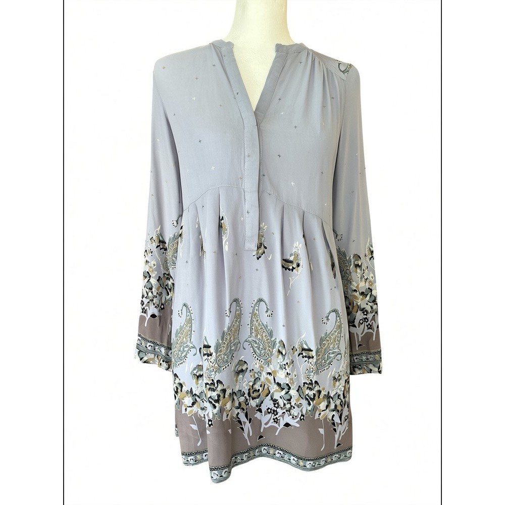 Free People Lavender Grey Paisley Babydoll Mini Dress Long Sleeve Womens Medium