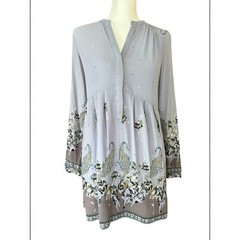 Free People Lavender Grey Paisley Babydoll Mini Dress Long Sleeve Womens Medium