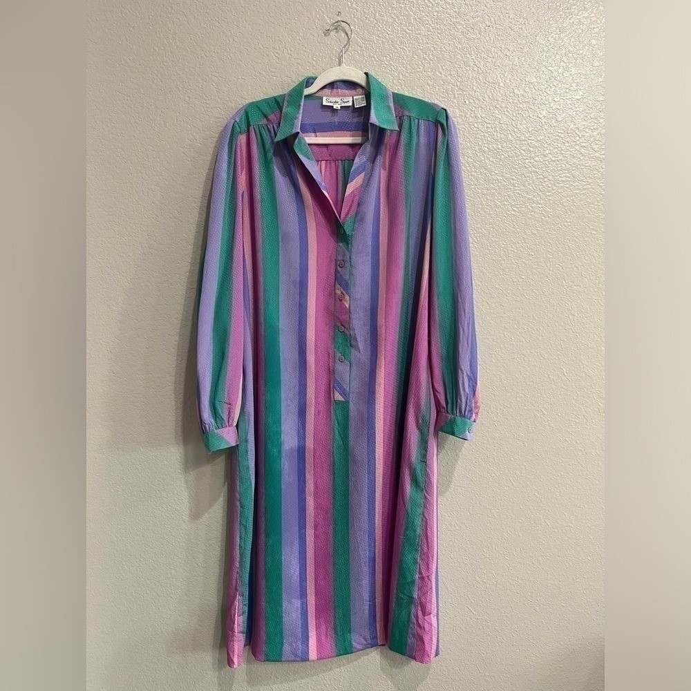 Vintage Schrader Sport Blue Green Purple Striped Long Sleeve Belt Women&rsquo;s Sz 16