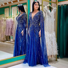 Mermaid V-neck Evening Dress with Beaded Tulle Layered Folded Prom Ball Gown