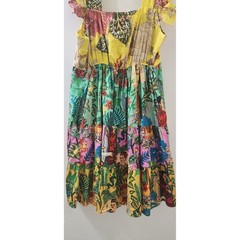 Miss G Tropical Patchwork Ruffle Tiered Midi Dress Yellow Floral Square Neck L