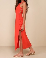 Lulus Masterfully Mod Side Button Midi Dress Womens L Bright Orange Retro Mod