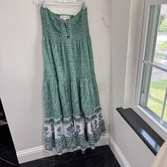 Jaipur India Hand Block Print Cotton Boho Maxi Dress Smocked Strapless S/M