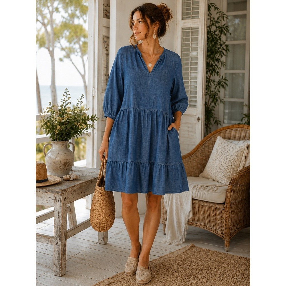 Talbots Chambray Dress Womens Sz MP Blue Tiered Cotton Split Neck Pockets Boho