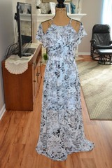 Vince Camuto Blue/Gray Floral Cold shoulder Halter Lined Ruffle Maxi Dress 8