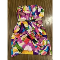 Ali Ro abstract watercolor strapless drape silk mini cocktail party dress size 4