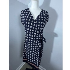 Ann Taylor Seashell Wrap Dress 10P Petite Navy Blue White Nautical Coastal