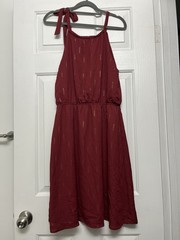 Burgundy Gold Metallic A-Line Sundress Round Neck Tie Strap Pullover M