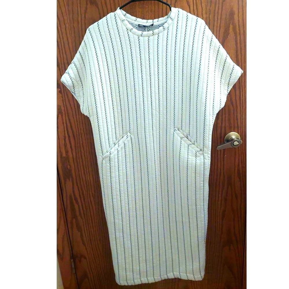 Zara Oversized Striped Quilted Midi Dress NWT Ivory Black Pockets Women&rsquo;s Small