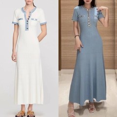 NEW Sandro Denim patchwork knit Short sleeve long dress Women&rsquo;s