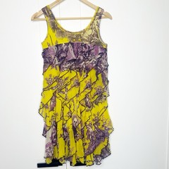Jean Paul Gaultier Soleil Mesh Dress Large Vintage Yellow Purple Ruffle Y2K 90s