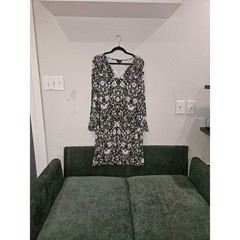 Womens Floral V-Neck Long Sleeve Shift Dress Black Green Pink Size Small