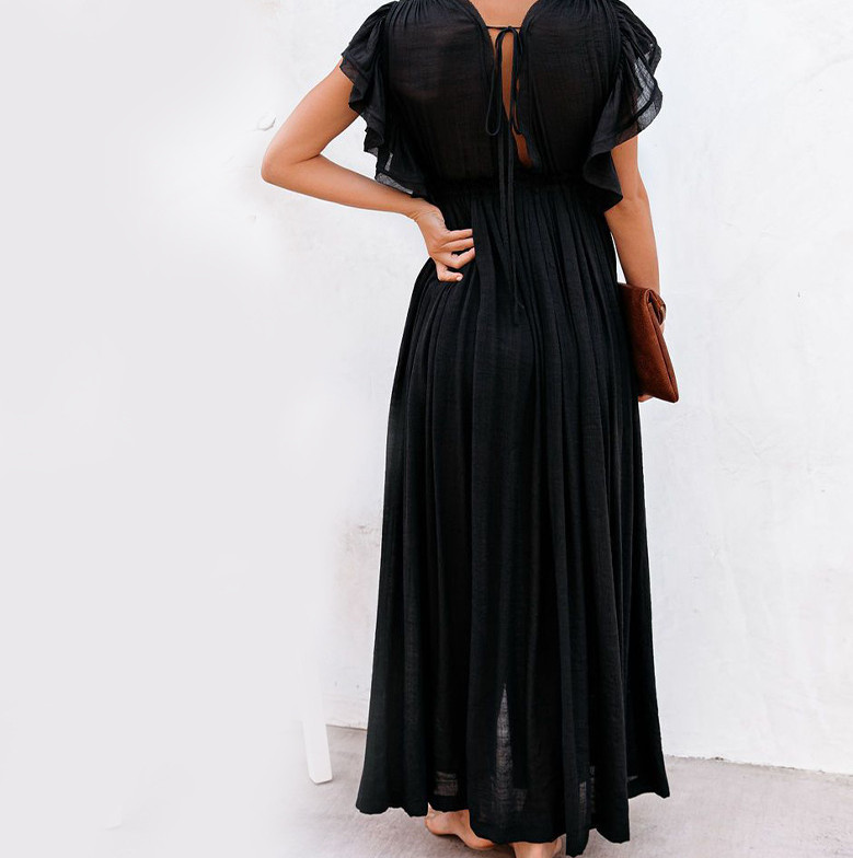Women&rsquo;s White Ruffle Sleeve Button Front V-Neck Maxi Dress