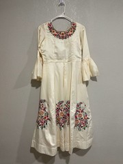 Cream Embroidered Floral Maxi Dress with Bell Sleeves