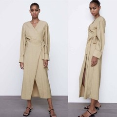 Zara Wrap Dress Fall Long Sleeve Textured Neutral Tan Midi Ankle Minimalist Med