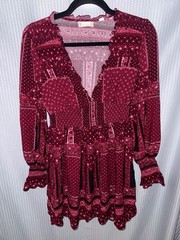 Altar&rsquo;d State Maroon Floral Patchwork Mini Dress with Long Sleeves