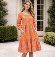 J Crew Long Sleeve Orange And Pink Floral Tiered Dress Size 14 Beach Cruisewear