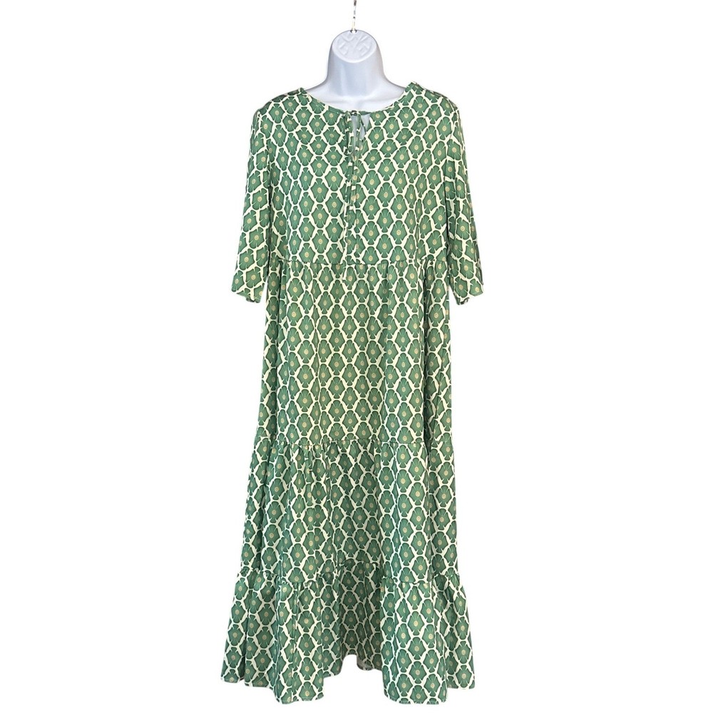 Geometric Green Tiered Maxi Dress Boho Spring Retro Mod Summer Casual Prairie