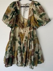 ASOS Square Neck Lace Green Floral Puff-Sleeve Mini Dress
