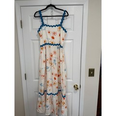 CeCe Coastal Print Linen Blend Ric Rac Trim Midi Dress Cream Orange Blue Medium