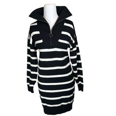 Black White Striped Quarter Zip Sweater Dress Long Sleeve Ring Pull Size M
