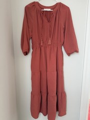 Lucky Brand M Rust Solid 3/4 Sleeve Keyhole Tassel Smocked Midi Dress
