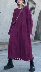 COZY! OVERSIZED PURPLE CABLE KNIT WOOL BLEND CHUNKY LONG DRESS SWEATER