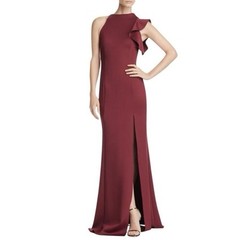 Black Halo Pabla one shoulder ruffled scuba high slit gown Size 2 June Sale New
