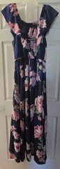 Rebecca B. SZ 12 Maxi Dress Cold Shoulder 1/2 Lined Slit Navy Pink Multi Floral