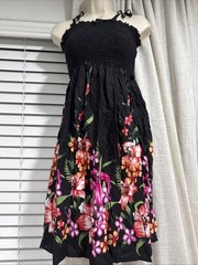 Hawaiian Smocked Sundress Black Vibrant Floral Beach Vacation One Size