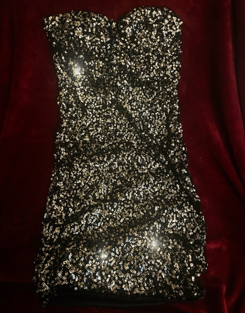 Sugar & Spice Strapless Sweetheart Sequin Bodycon Mini Dress Black/Silver M