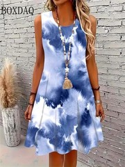 Elegant Fashion Abstract Striped Dresses For Women 2026 Summer Vest Loose Sleeve