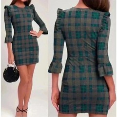 J.O.A. Gray Green Plaid Ruffle Sleeve Mini Sheath Dress Size S NWT
