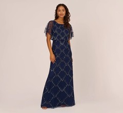 ADRIANNA PAPELL Navy Beaded Sequin Blouson Sheer Flutter Sleeves Maxi Gown 2 XS