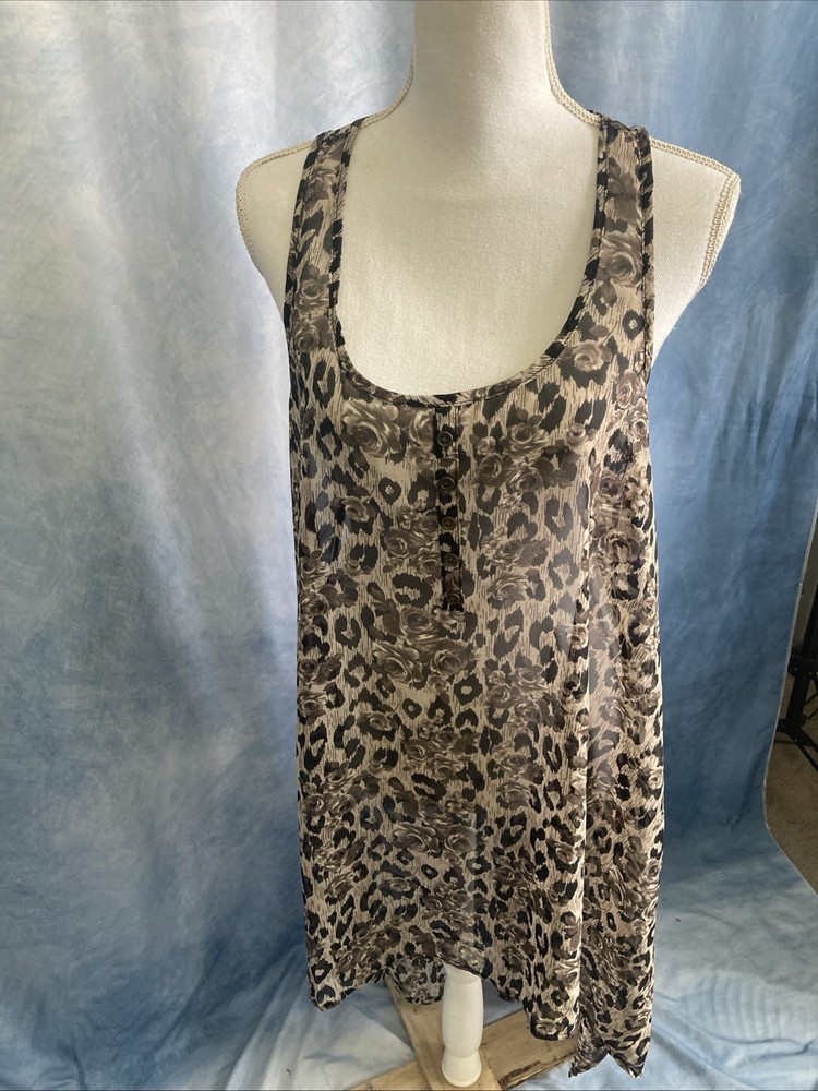 DNA COUTURE Sheer Chiffon Leopard High Low Dress Size L Boho Festival Scoop Neck