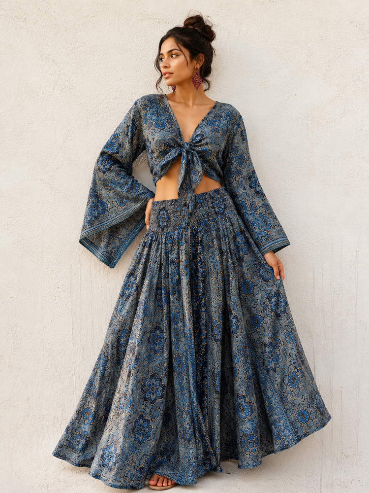 Women&rsquo;s Boho 2 Piece Skirt Set Paisley Crop Top Maxi Skirt Beach Outfit Blue