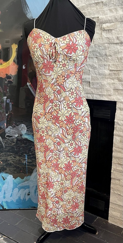No Comment Retro Funky Floral Pattern Strechty Slip Dress 90s Y2K Size Large