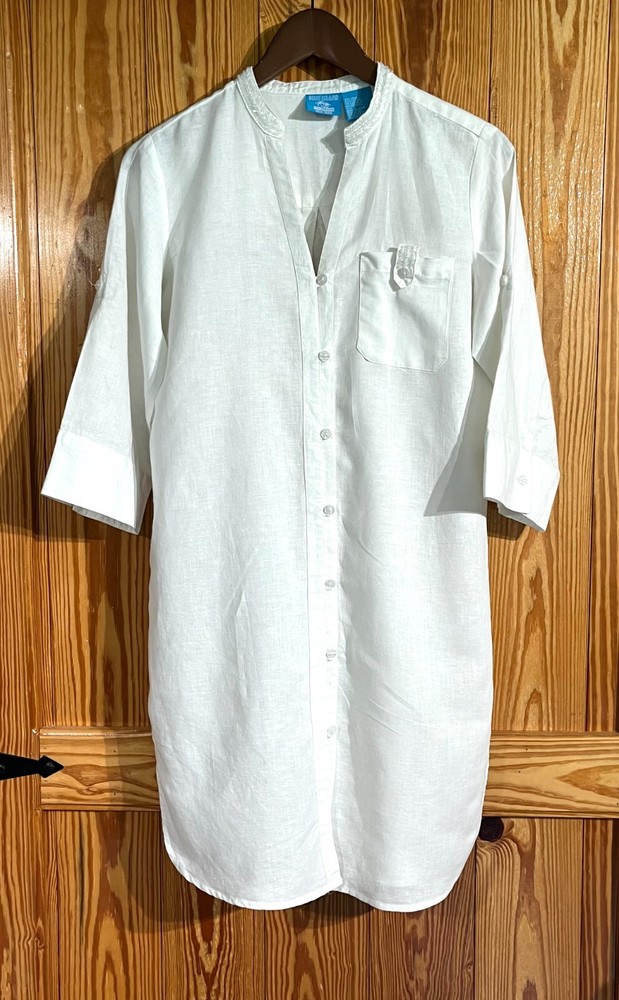 Blue Island White Linen Size Small Beaded Roll Tab Sleeve Button Shirt Dress