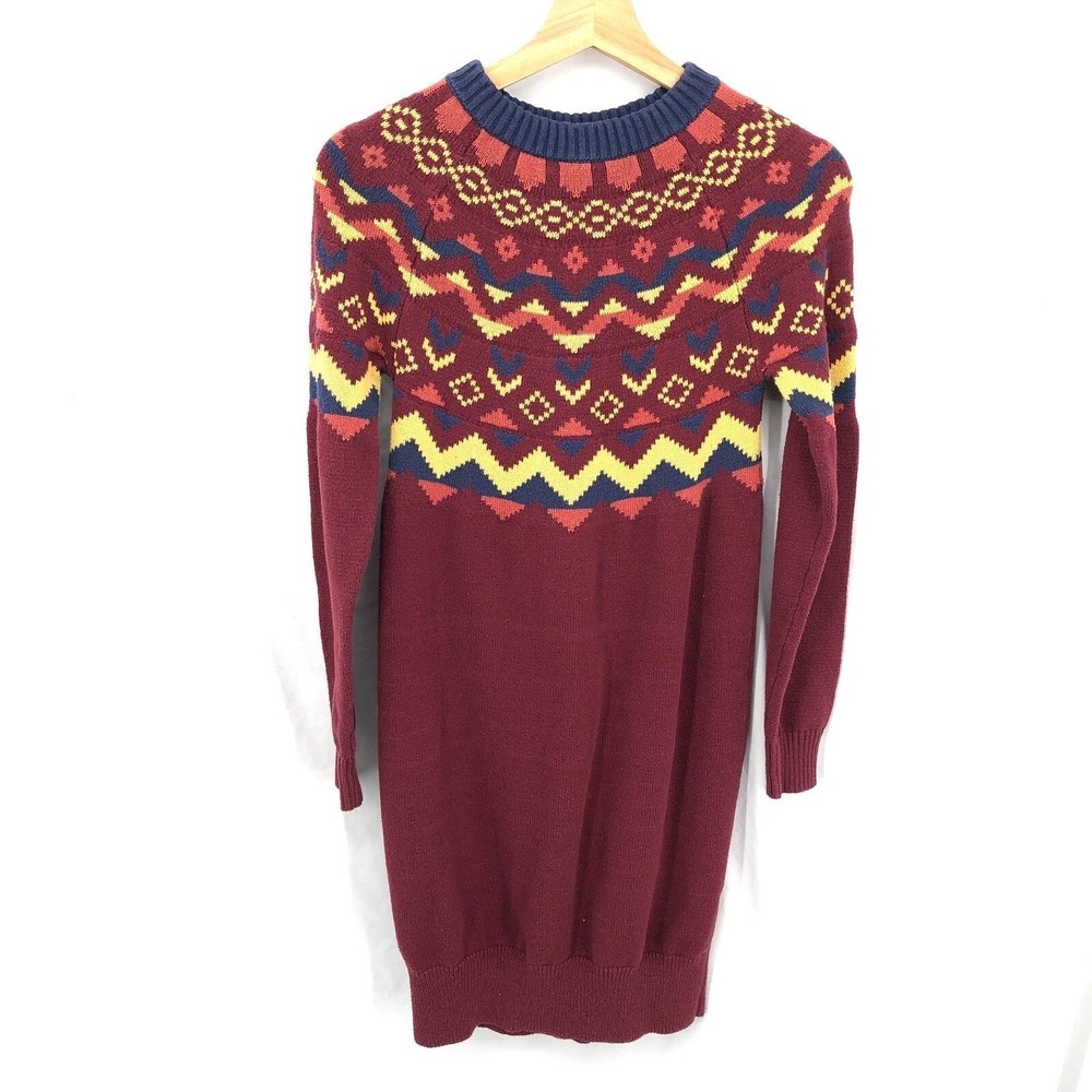 MODCLOTH Fair Isle cozy commitment sweater dress burgundy geometric knit S
