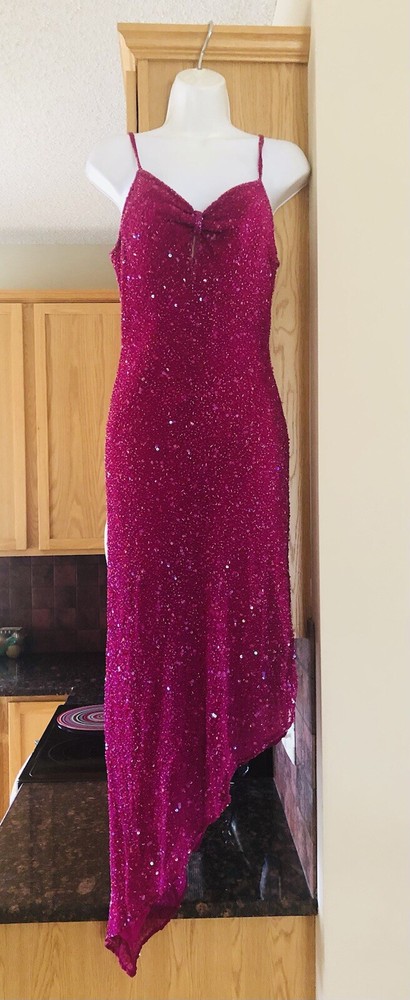 Scala Magenta Beaded Spaghetti Strap Assym Hem Party Cocktail Dress Women&rsquo;s L