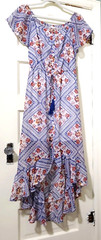 Maurices sz SMALL LONG BOHO Peasant Dress Blue Red Yellow Beige Hi Low Hem EUC