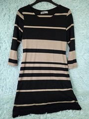 Bailey Girl Striped Bodycon Dress Black Tan L 3/4 Sleeve Knee Length Knit