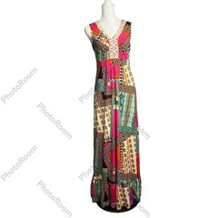 New Directions Dress Womens Multicolor SZ S Patchwork Maxi Macrame Bodice Hippie
