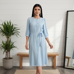 H Halston Aquamarine Button-Front Mini Dress with Tassel Tie Waist