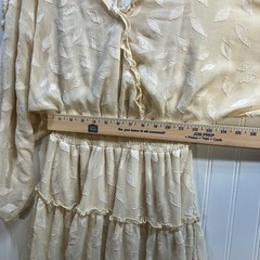 Peach Love California Cream Embroidered Leaf Smocked Tiered Mini Dress L Peasant