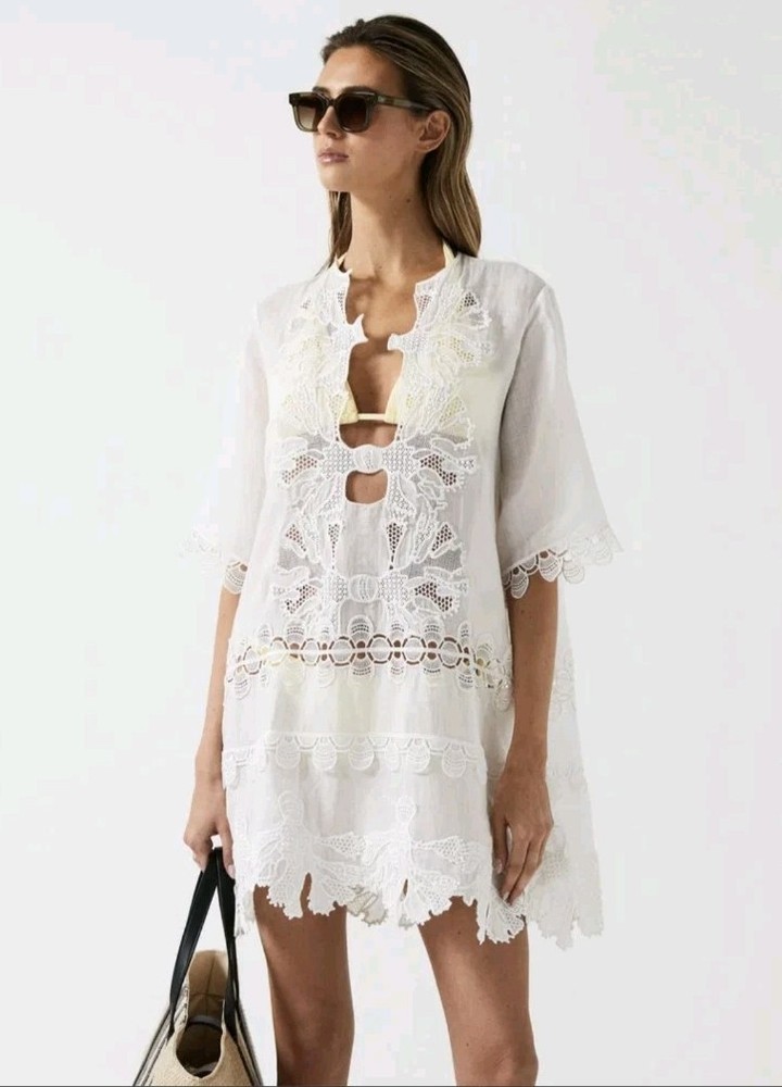 Reiss Etta Embroidered Cotton Blend Kaftan, White – Size 14-18