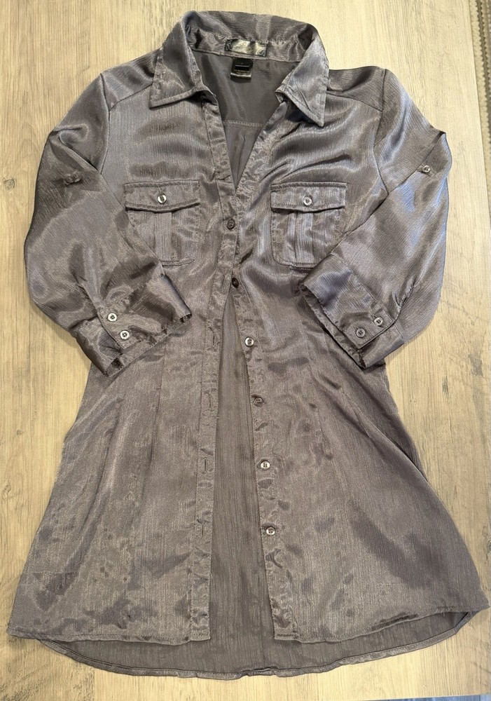 Mandee Women&rsquo;s Gray Solid Button-Front Collared Shirt Dress, Size S, Knee